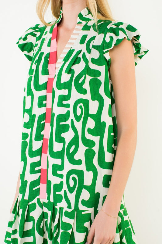 Short Sleeve Abstract Pattern Dress - Green