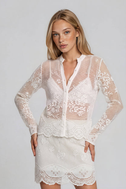 Lace Crochet Knit Long Sleeve Top-Cream