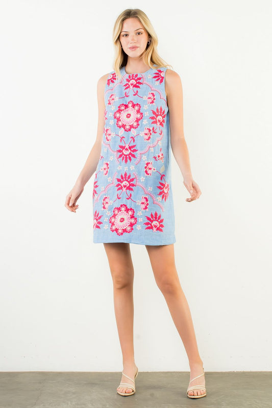 Sleeveless Embroidery Detail Dress - Blue