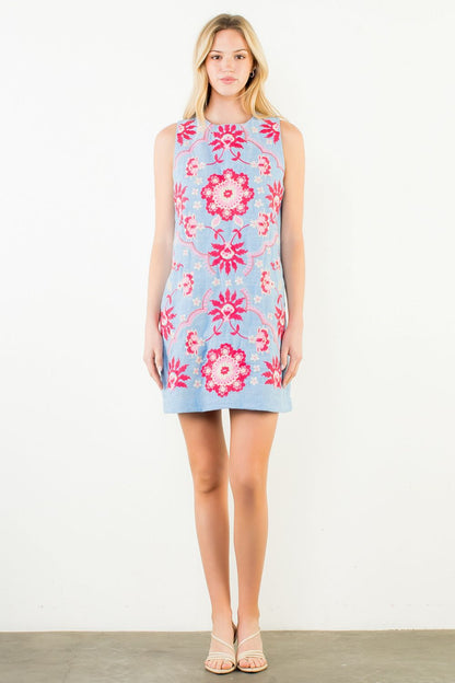 Sleeveless Embroidery Detail Dress - Blue