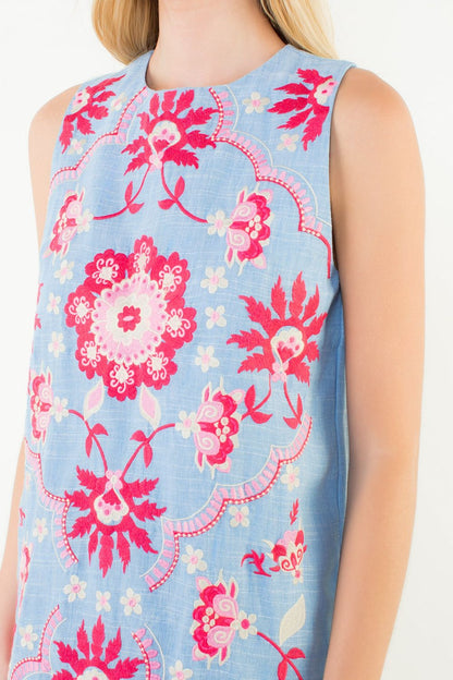 Sleeveless Embroidery Detail Dress - Blue
