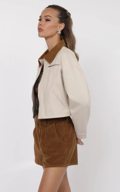 So Fine Corduroy Collar Crop Barn Jacket - Ivory/Brown - BAY WINDOW