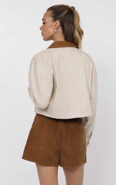 So Fine Corduroy Collar Crop Barn Jacket - Ivory/Brown - BAY WINDOW