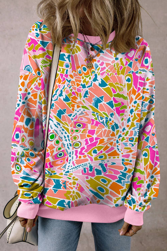 Loose Drop Shoulder Abstract Printed Sweatshirt - BAY WINDOW