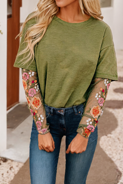 Floral Embroidered Mesh Patchwork Sleeve Crewneck Top - BAY WINDOW