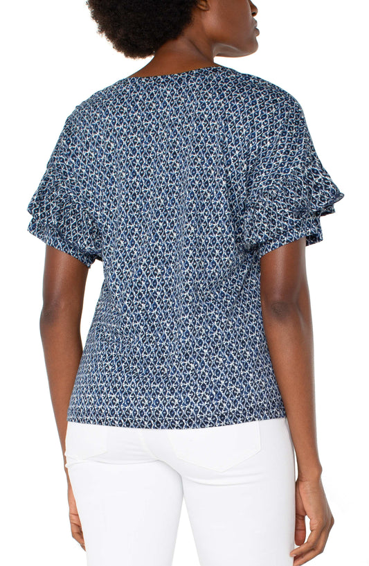 1/2 Sleeve Drop Shoulder Knit Top w/ Ruffle - Navy/Cream - BAY WINDOW