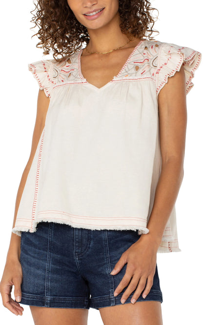 Flutter Sleeve V Neck Woven Blouse w/ Embroidery - Bone - BAY WINDOW