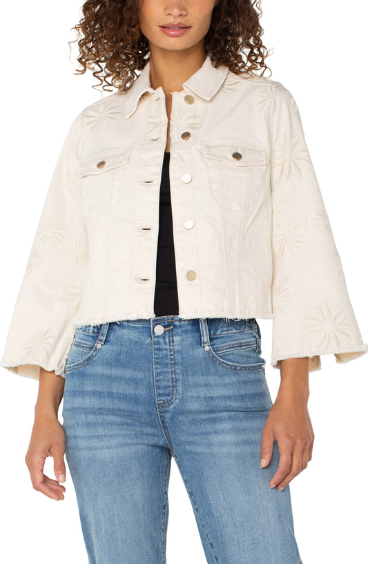 Jacket w/ Fray Hem & Wide Sleeve - Ecru Abstract Flower - BAY WINDOW