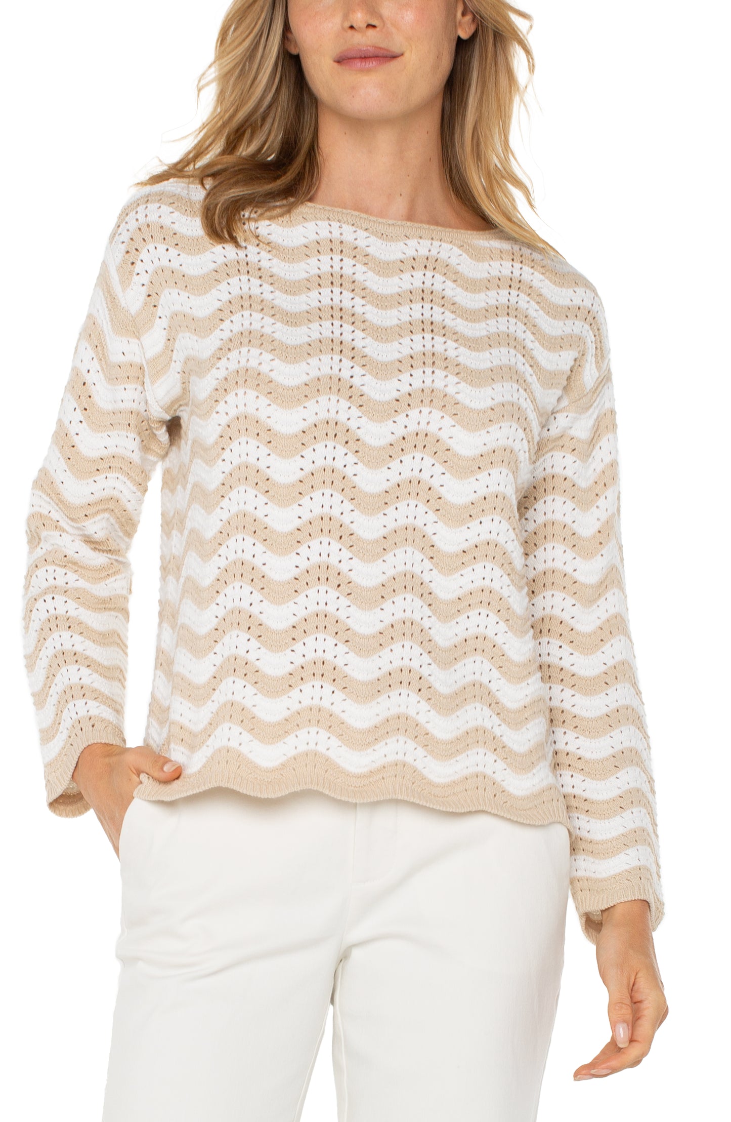Long Sleeve Boat Neck Scallop Hem Sweater - Tan/Ivory - BAY WINDOW