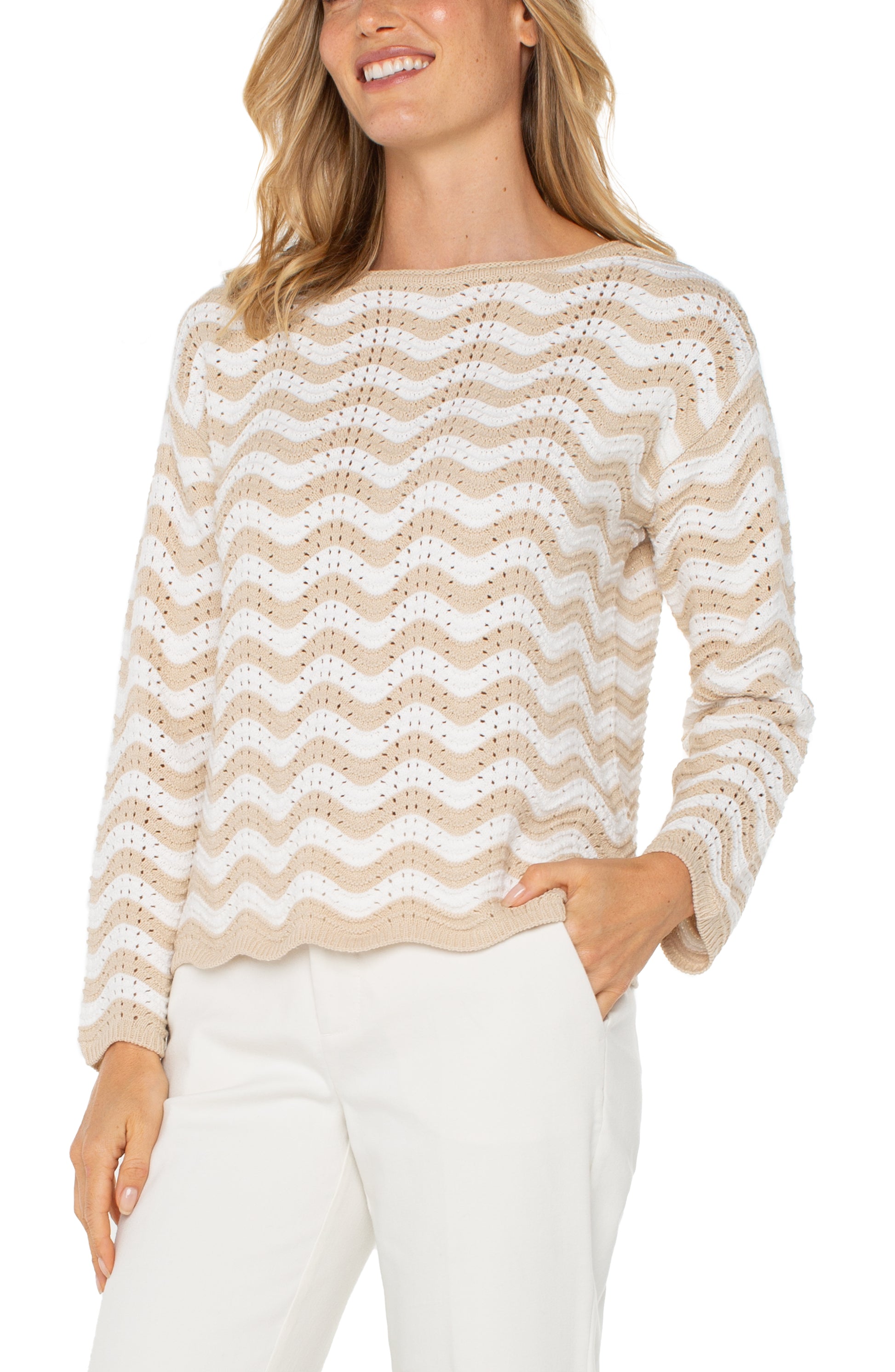 Long Sleeve Boat Neck Scallop Hem Sweater - Tan/Ivory - BAY WINDOW