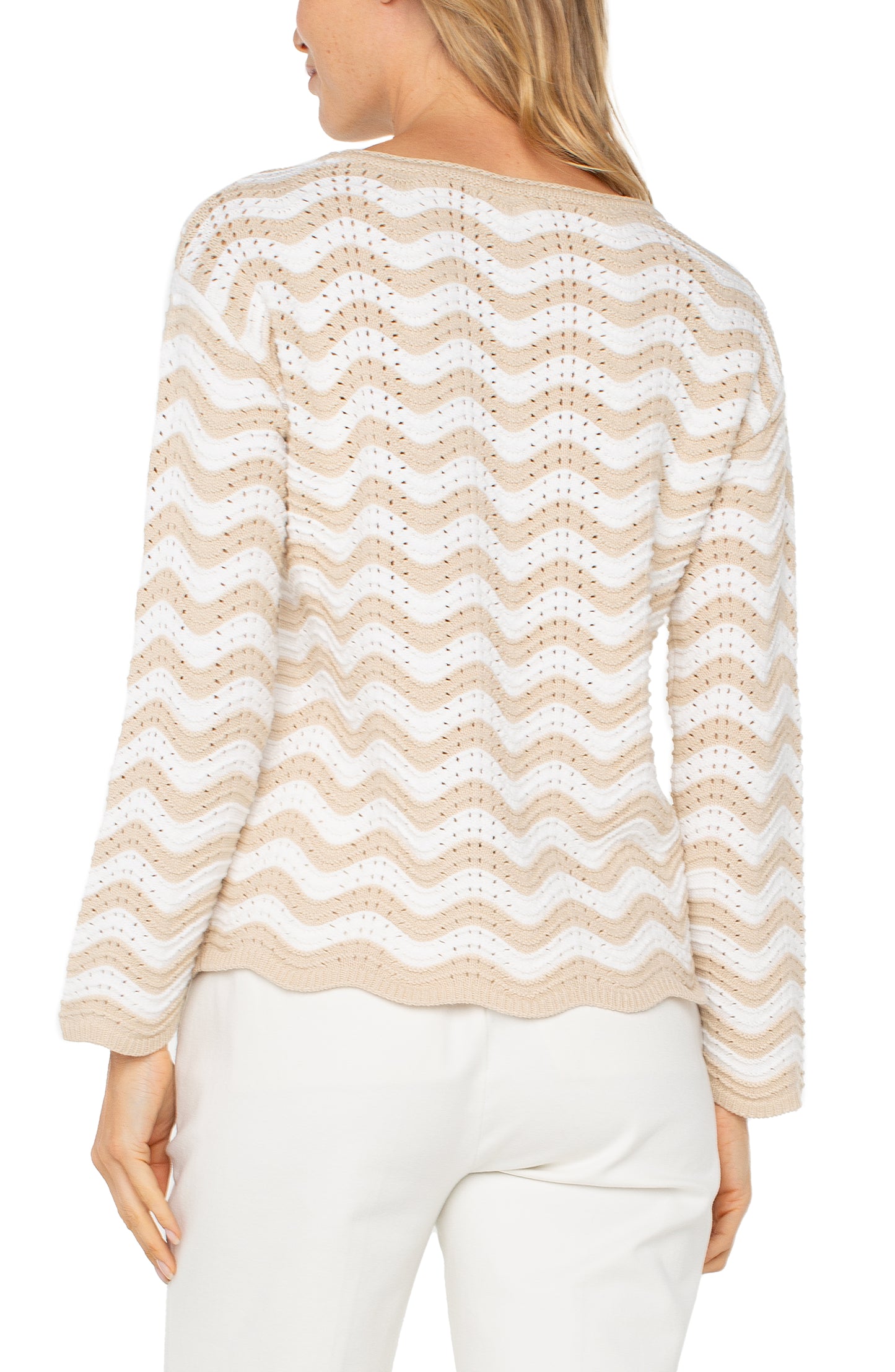Long Sleeve Boat Neck Scallop Hem Sweater - Tan/Ivory - BAY WINDOW