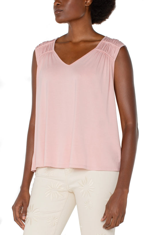Sleeveless Shirred Detail Knit Top - Soft Pink - BAY WINDOW