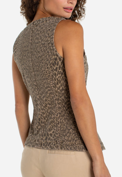 Crew Neck Split Front Vest - Khaki Abstract Animal