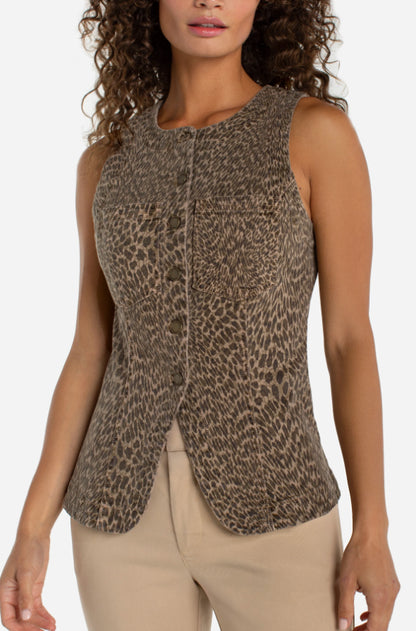 Crew Neck Split Front Vest - Khaki Abstract Animal