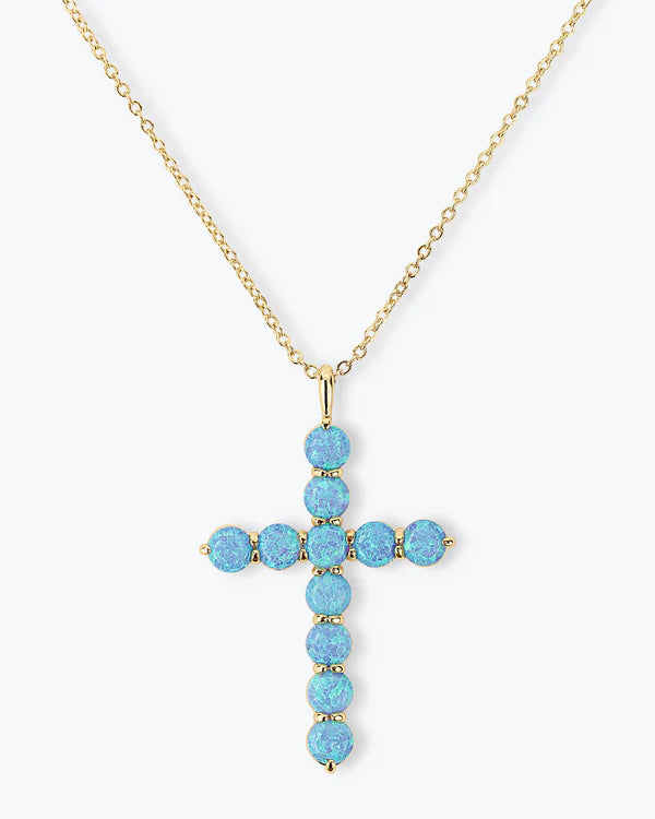 Oh She Fancy Blue Opal Cross Pendant 18" - BAY WINDOW