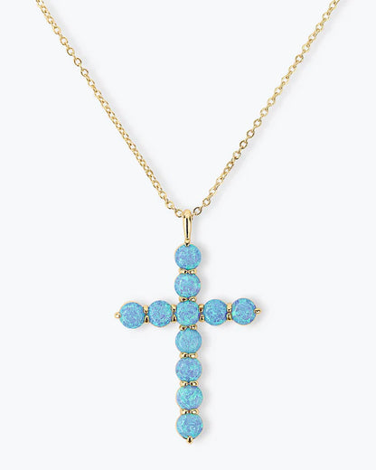 Oh She Fancy Blue Opal Cross Pendant 18" - BAY WINDOW