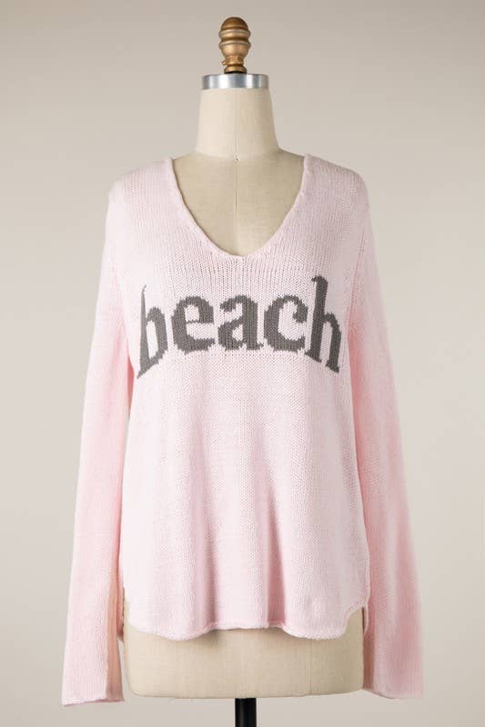Lowercase Beach Saying Lightweight V Neck Sweater - BAY WINDOW