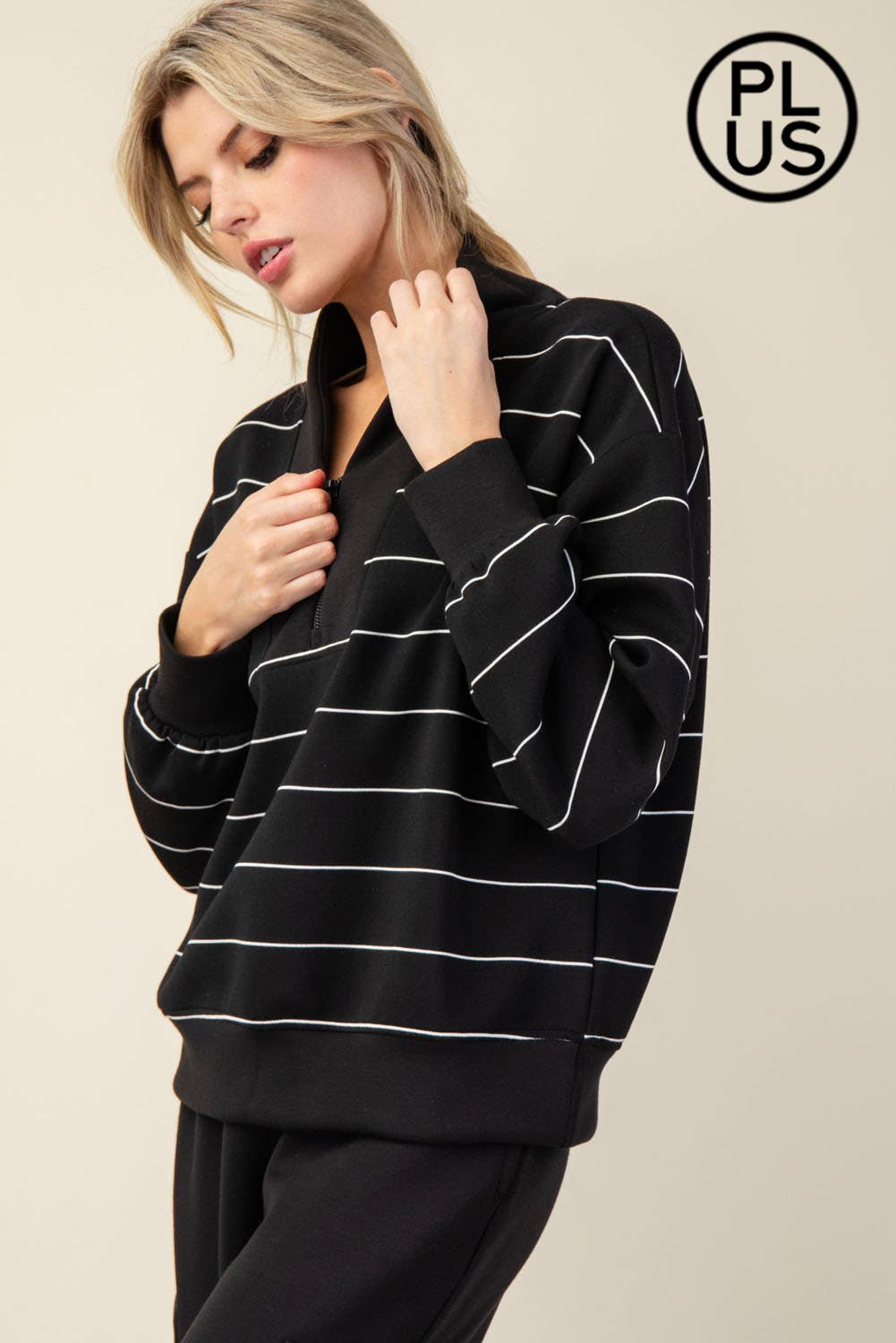 Plus Size Modal Poly Span Scuba Stripe V-Neck Jacket - BAY WINDOW