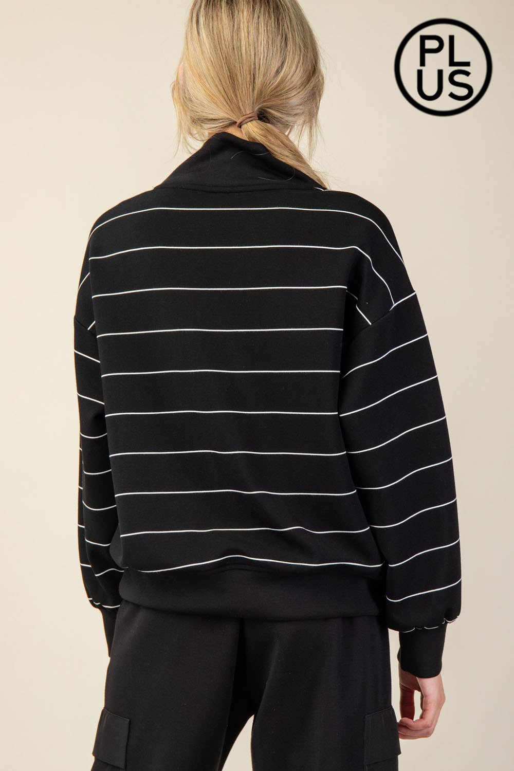 Plus Size Modal Poly Span Scuba Stripe V-Neck Jacket - BAY WINDOW