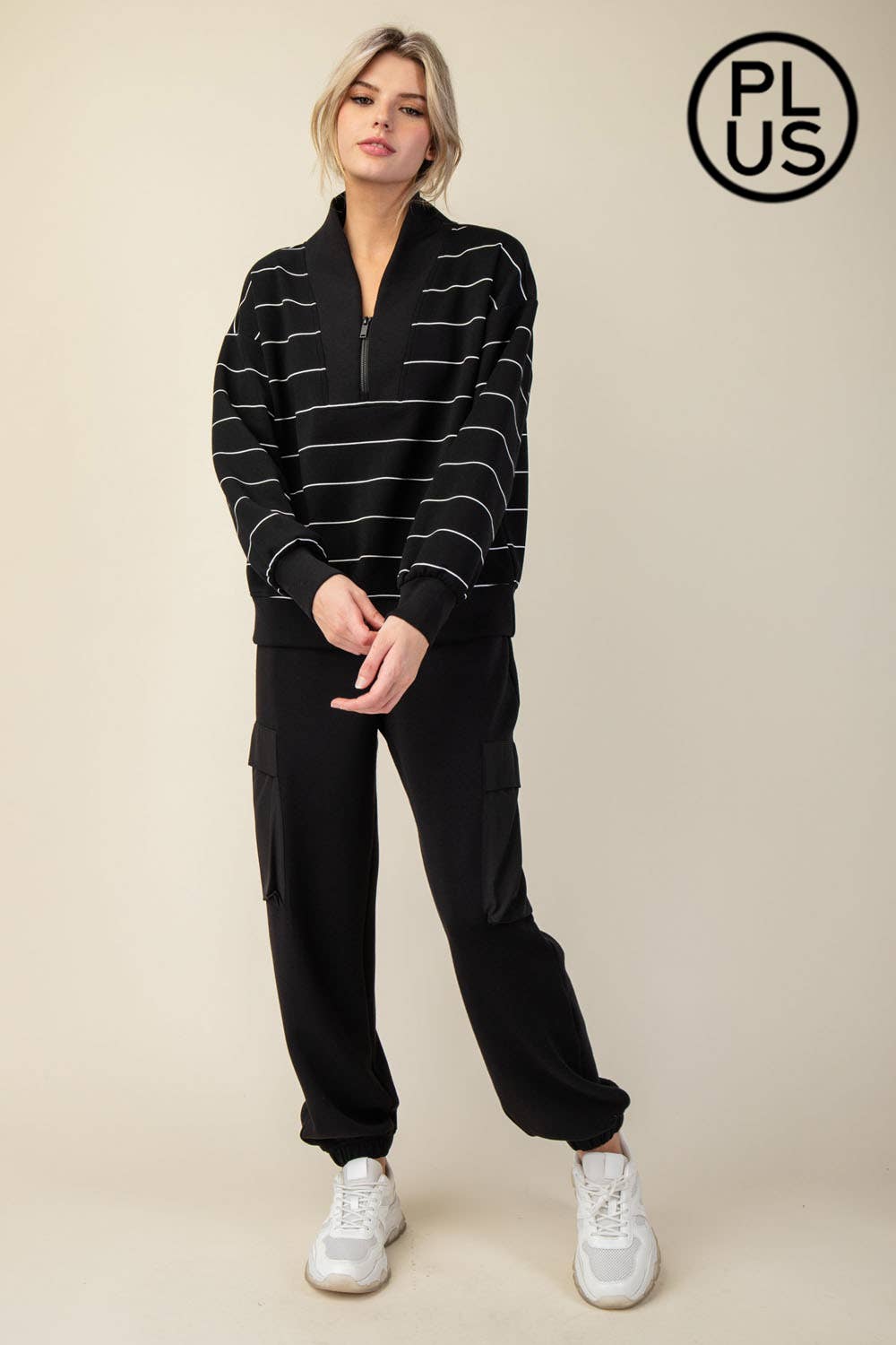 Plus Size Modal Poly Span Scuba Stripe V-Neck Jacket - BAY WINDOW
