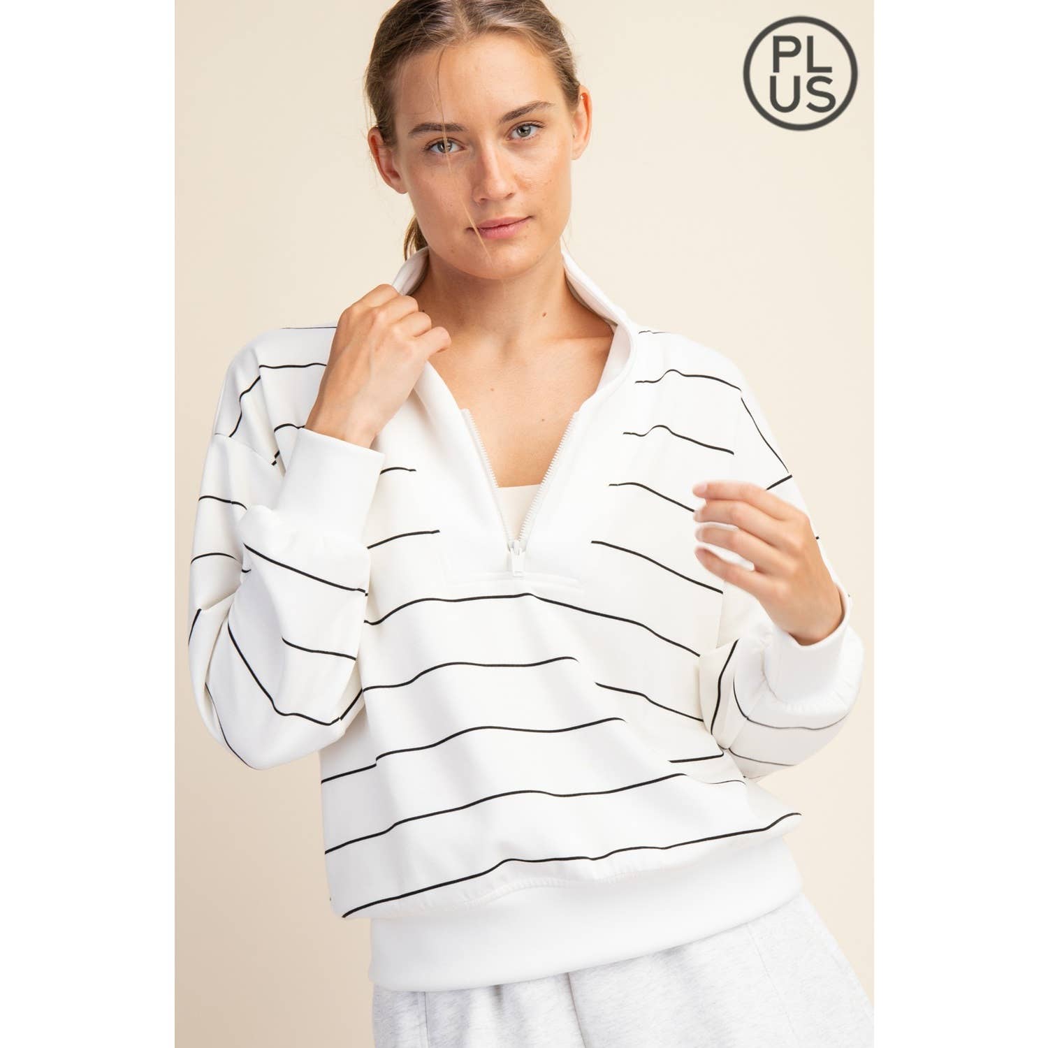 Plus Size Modal Poly Span Scuba Stripe V-Neck Jacket - BAY WINDOW