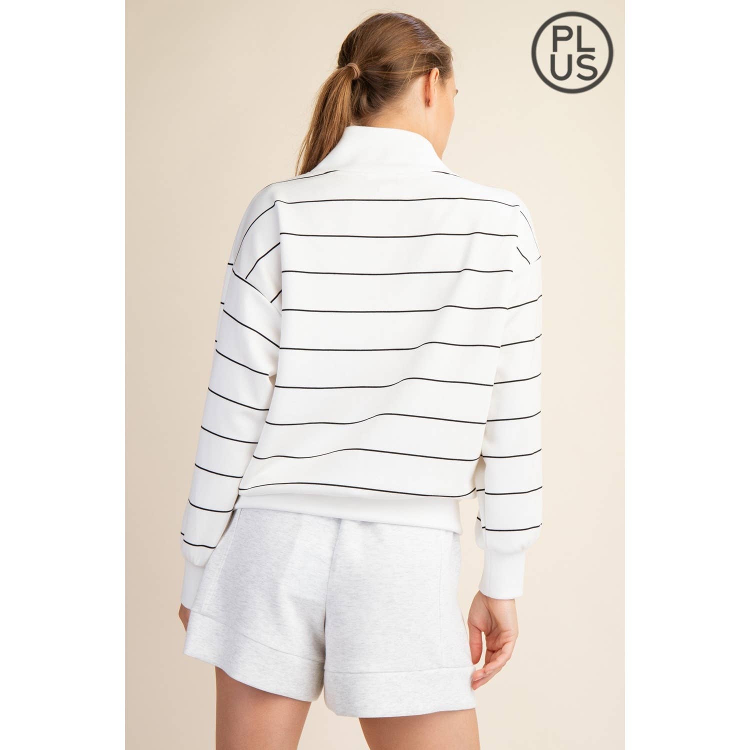Plus Size Modal Poly Span Scuba Stripe V-Neck Jacket - BAY WINDOW