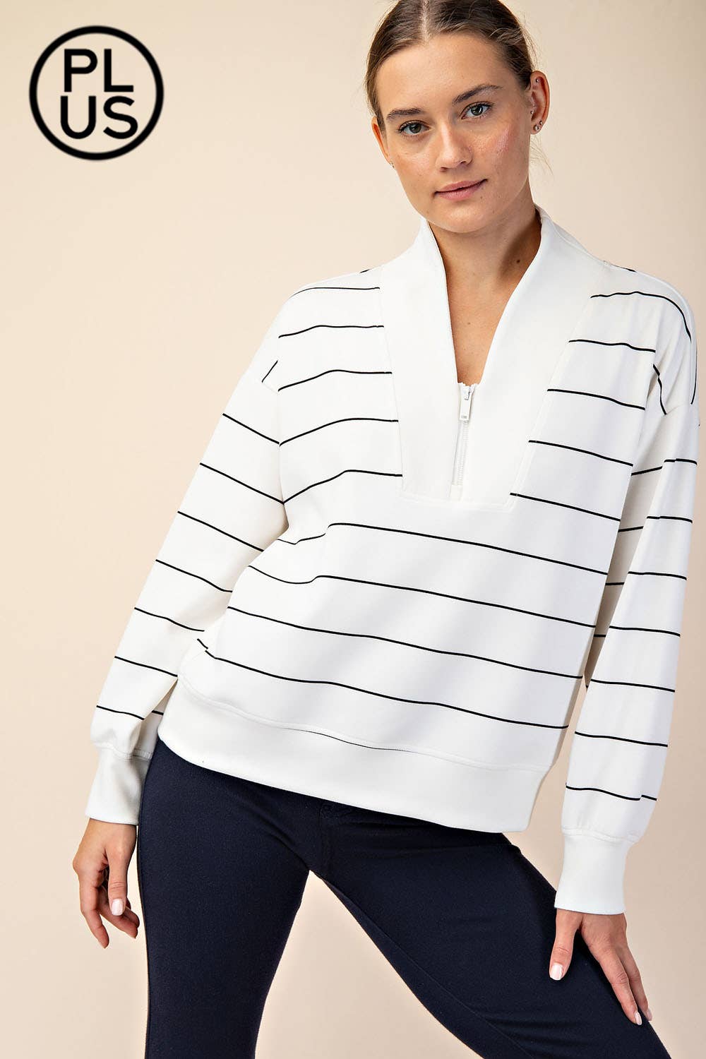 Plus Size Modal Poly Span Scuba Stripe V-Neck Jacket - BAY WINDOW