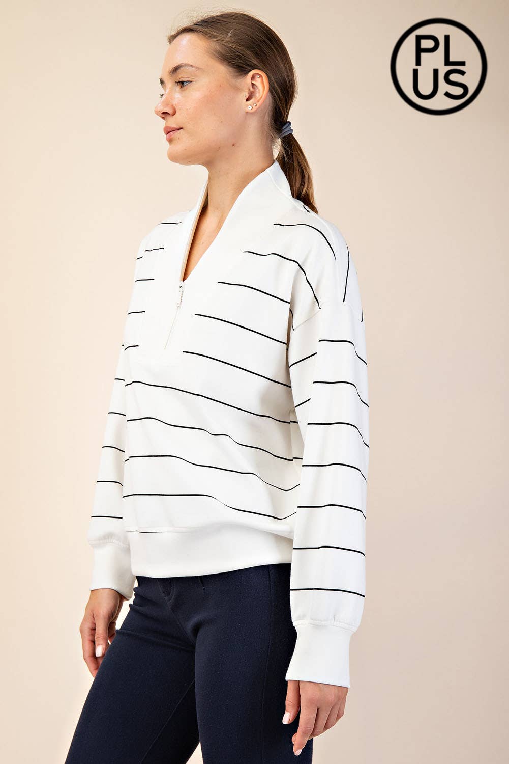 Plus Size Modal Poly Span Scuba Stripe V-Neck Jacket - BAY WINDOW