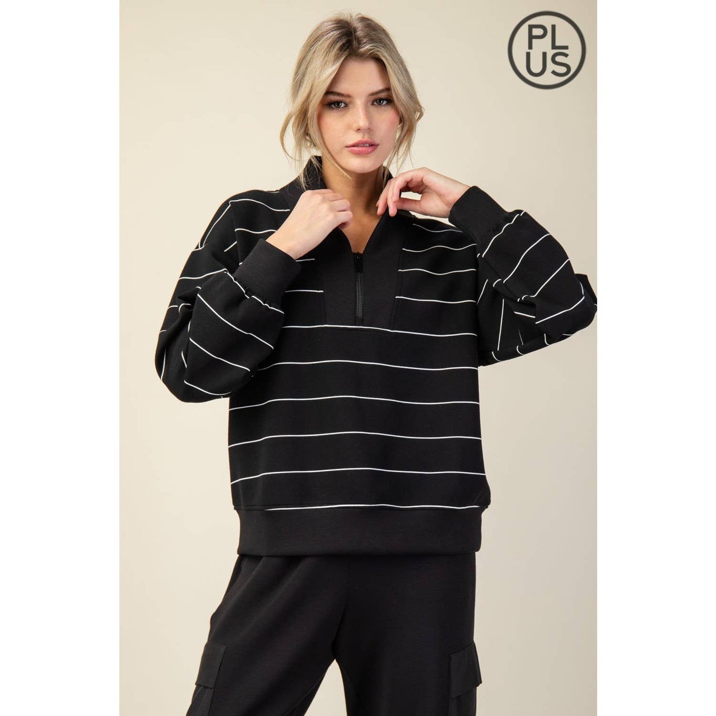Plus Size Modal Poly Span Scuba Stripe V-Neck Jacket - BAY WINDOW