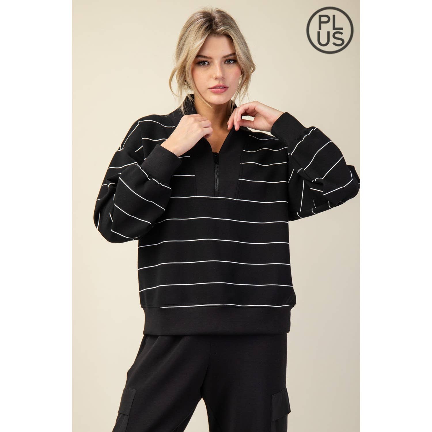 Plus Size Modal Poly Span Scuba Stripe V-Neck Jacket - BAY WINDOW