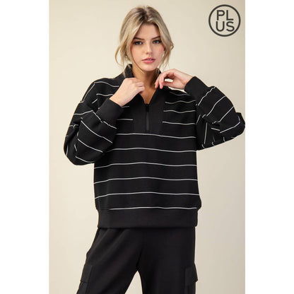 Plus Size Modal Poly Span Scuba Stripe V-Neck Jacket - BAY WINDOW
