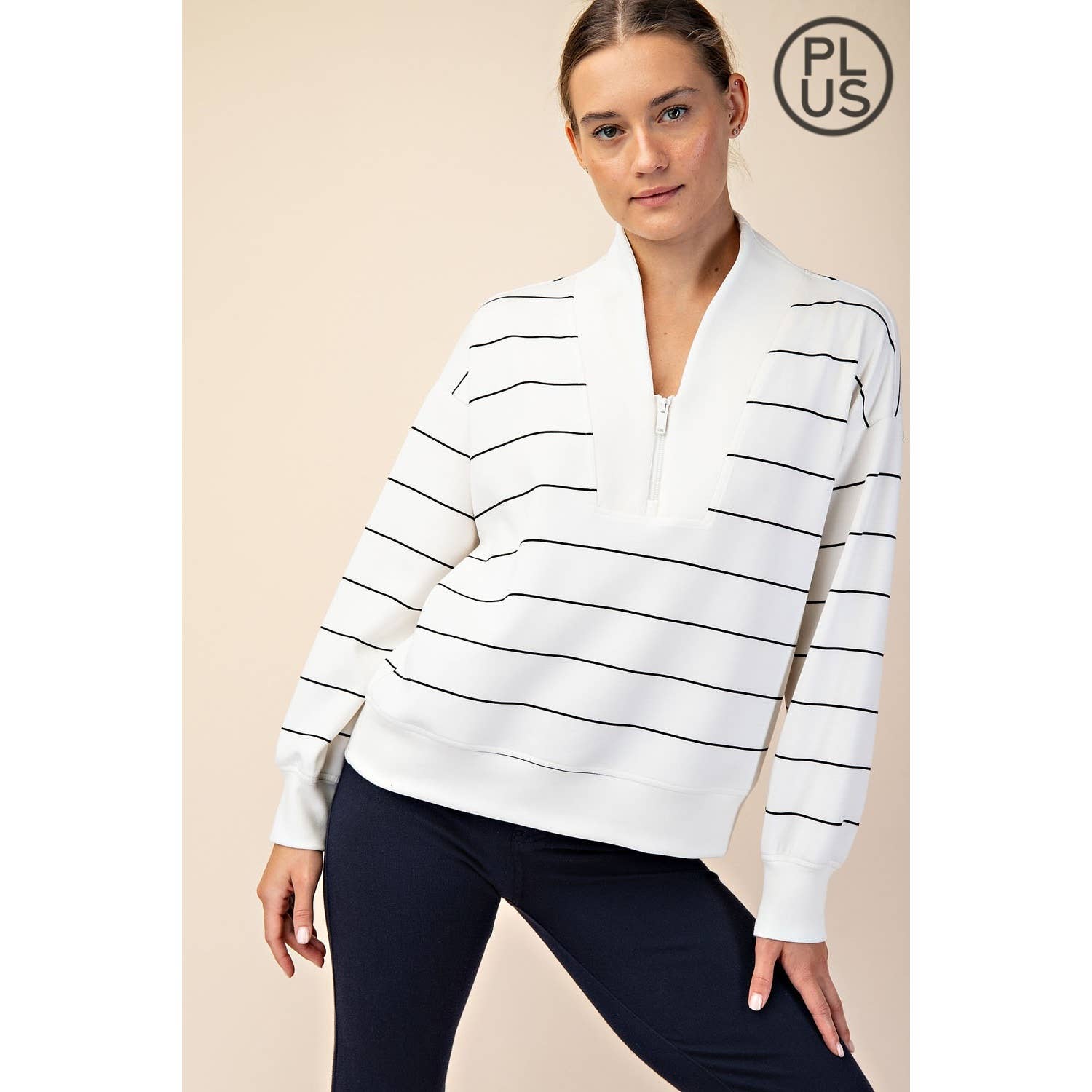 Plus Size Modal Poly Span Scuba Stripe V-Neck Jacket - BAY WINDOW