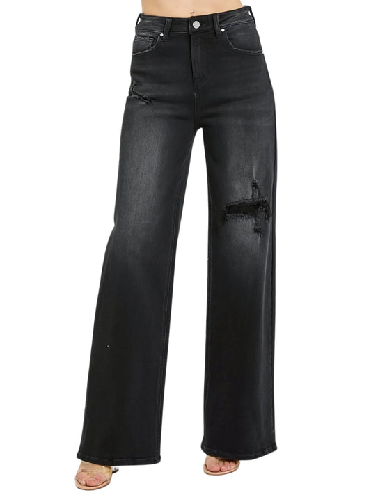 High Rise Distressed Detail Wide Leg Jeans - BAY WINDOW