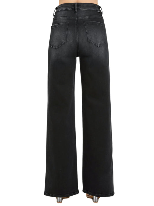 High Rise Distressed Detail Wide Leg Jeans - BAY WINDOW
