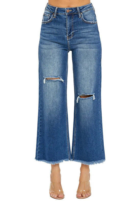 High Rise Cropped Wide Leg Frayed Jeans - BAY WINDOW