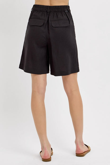 High Rise Leasted Front Midi Length Linen Shorts - Black - BAY WINDOW