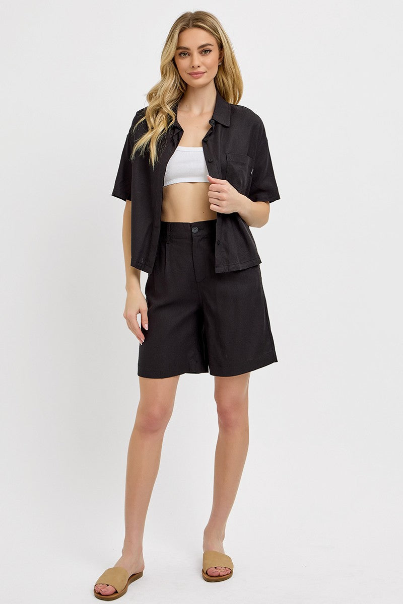 High Rise Leasted Front Midi Length Linen Shorts - Black - BAY WINDOW