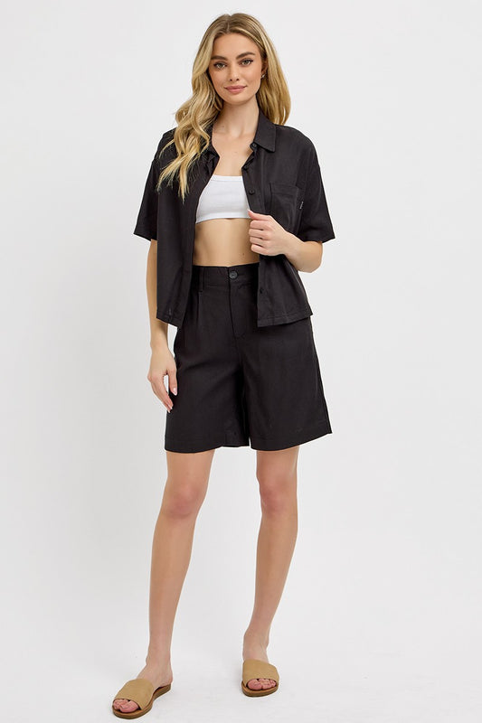 High Rise Leasted Front Midi Length Linen Shorts - Black - BAY WINDOW