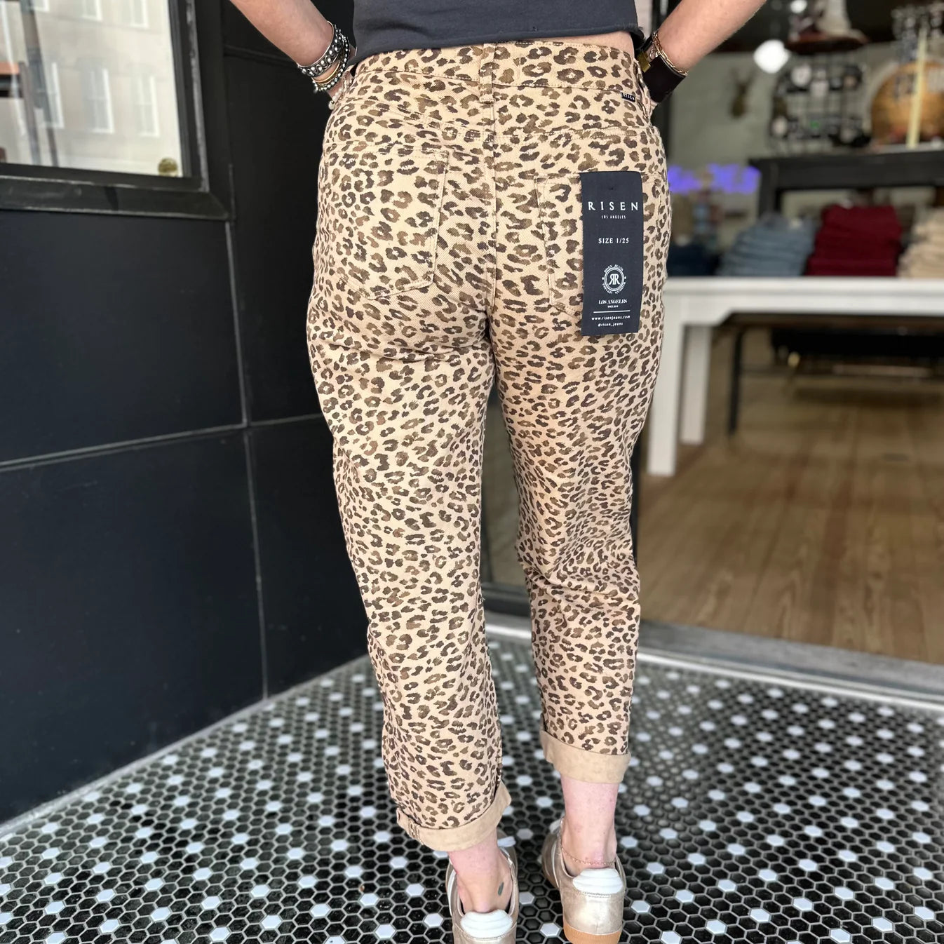 High Rise Crop Barrel Leopard Cuffed Jeans - Cream - BAY WINDOW