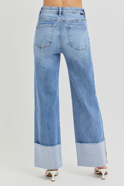 High Rise Ankle Wide Cuffed Jeans - Medium Wash - BAY WINDOW