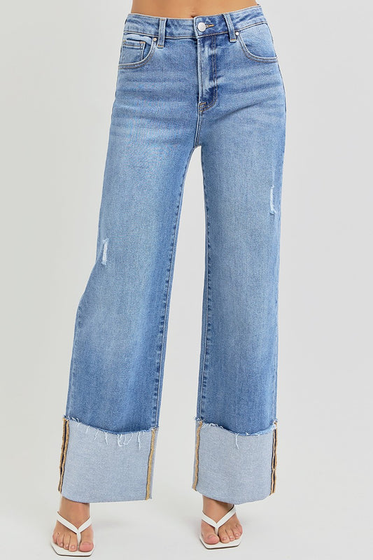 High Rise Ankle Wide Cuffed Jeans - Medium Wash - BAY WINDOW