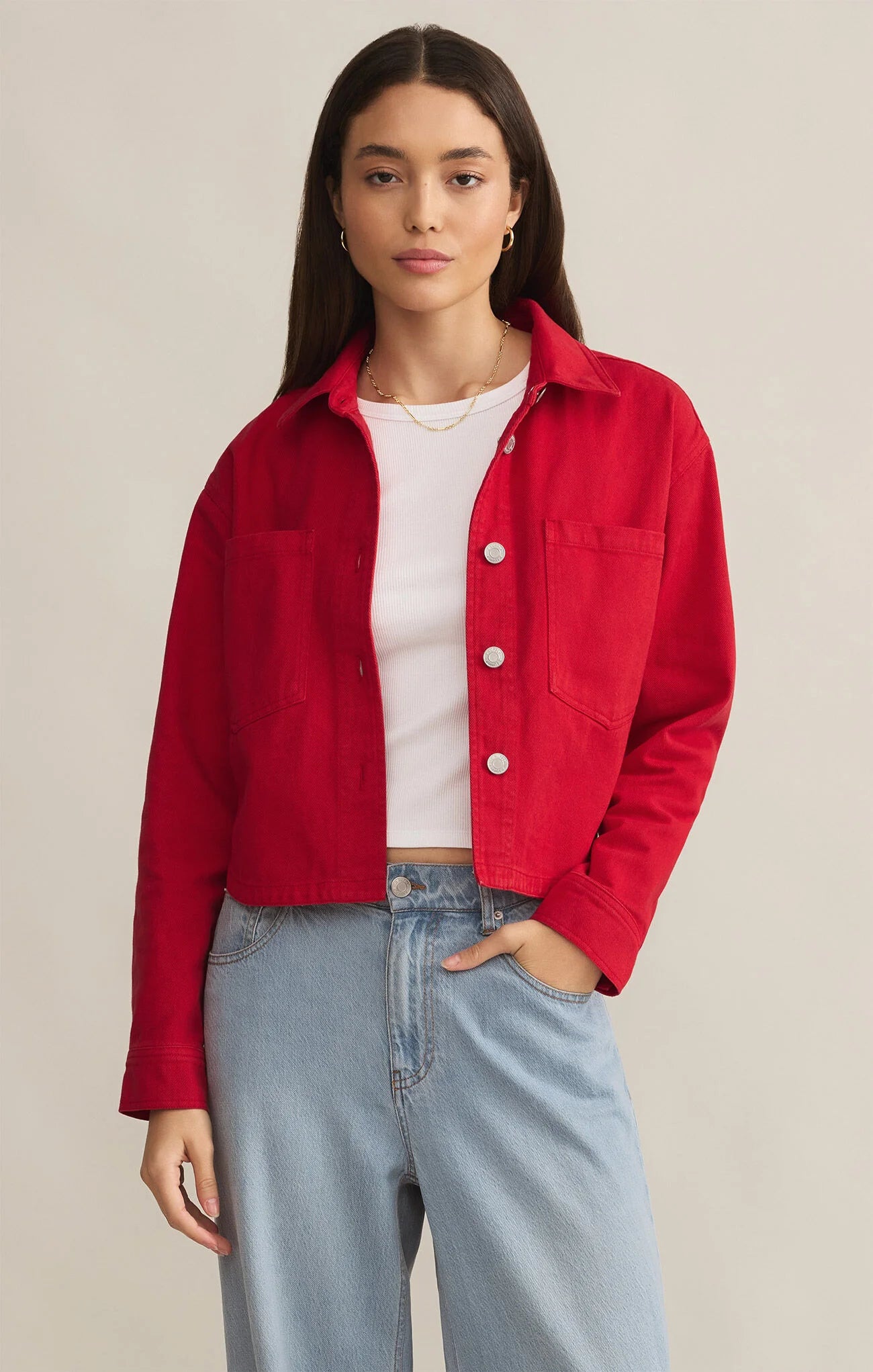 All Day Cropped Denim Jacket - Cherry