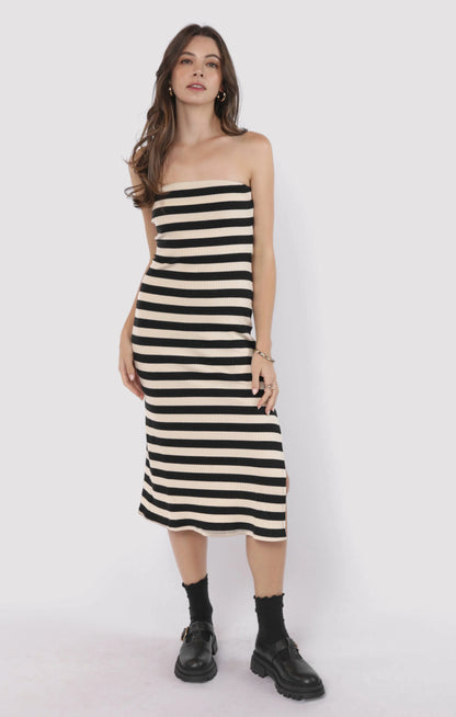 Soul Sisters Striped Rib Knit Tube Dress - Black/Ivory
