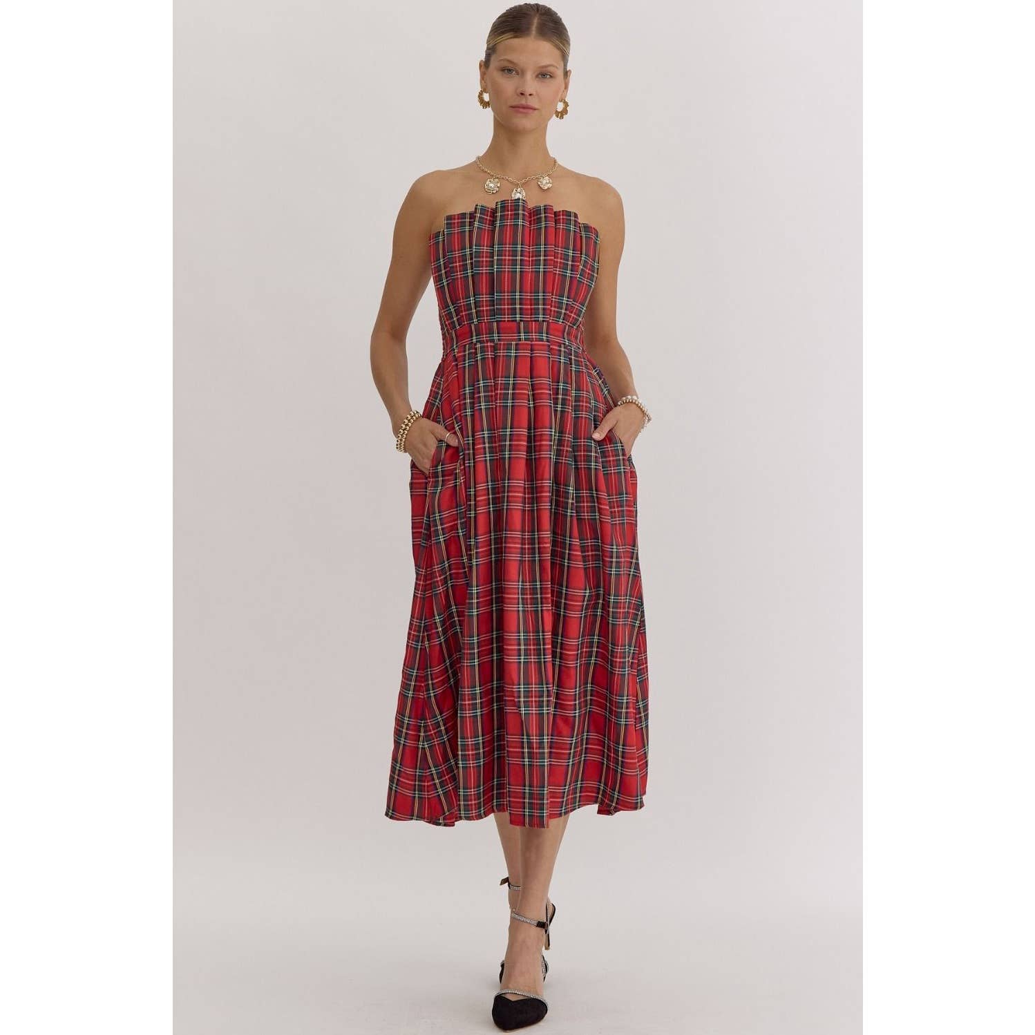 Plaid Strapless Midi Dress - BAY WINDOW