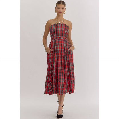 Plaid Strapless Midi Dress - BAY WINDOW