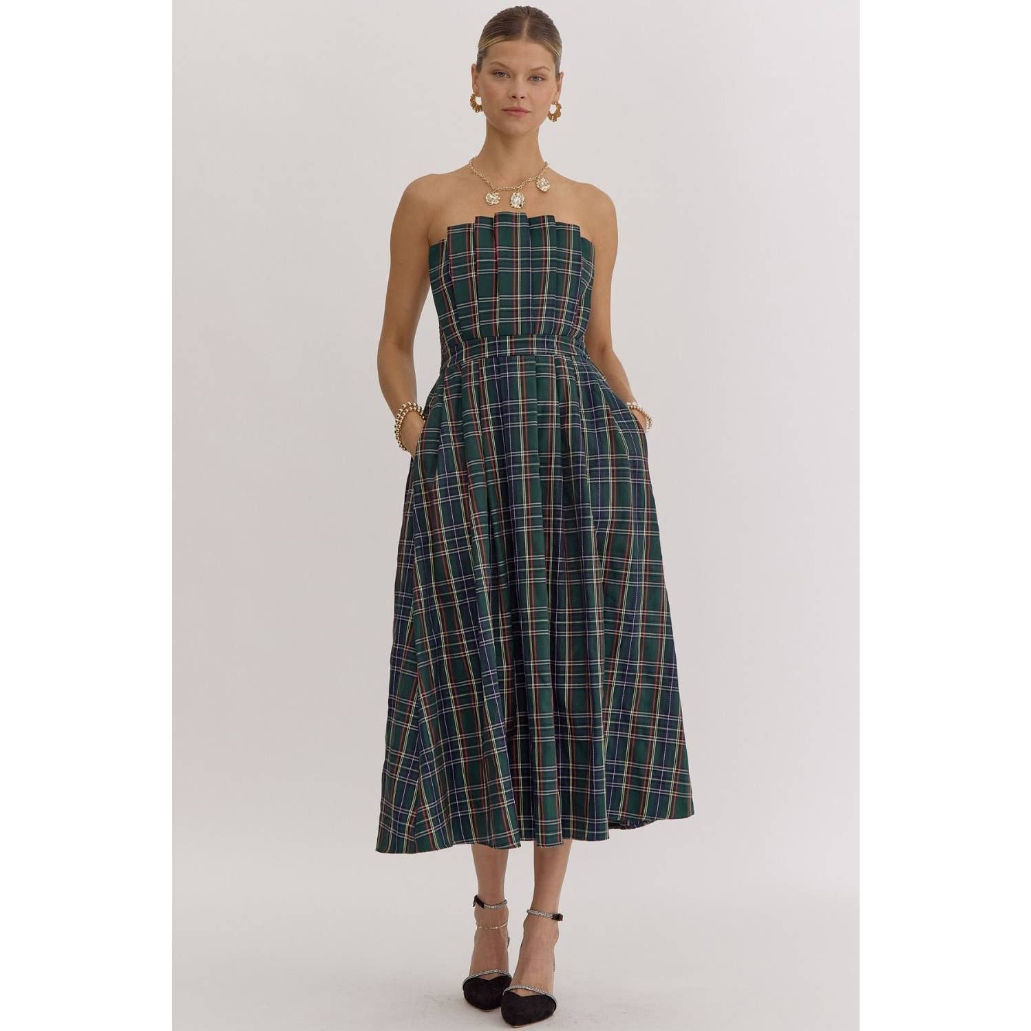 Plaid Strapless Midi Dress - BAY WINDOW