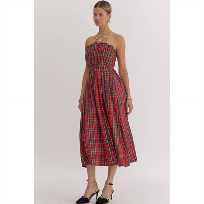 Plaid Strapless Midi Dress - BAY WINDOW