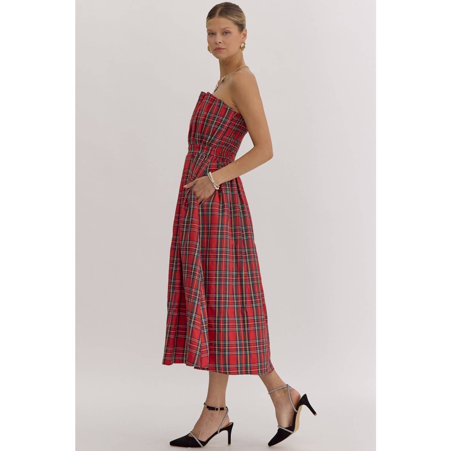 Plaid Strapless Midi Dress - BAY WINDOW