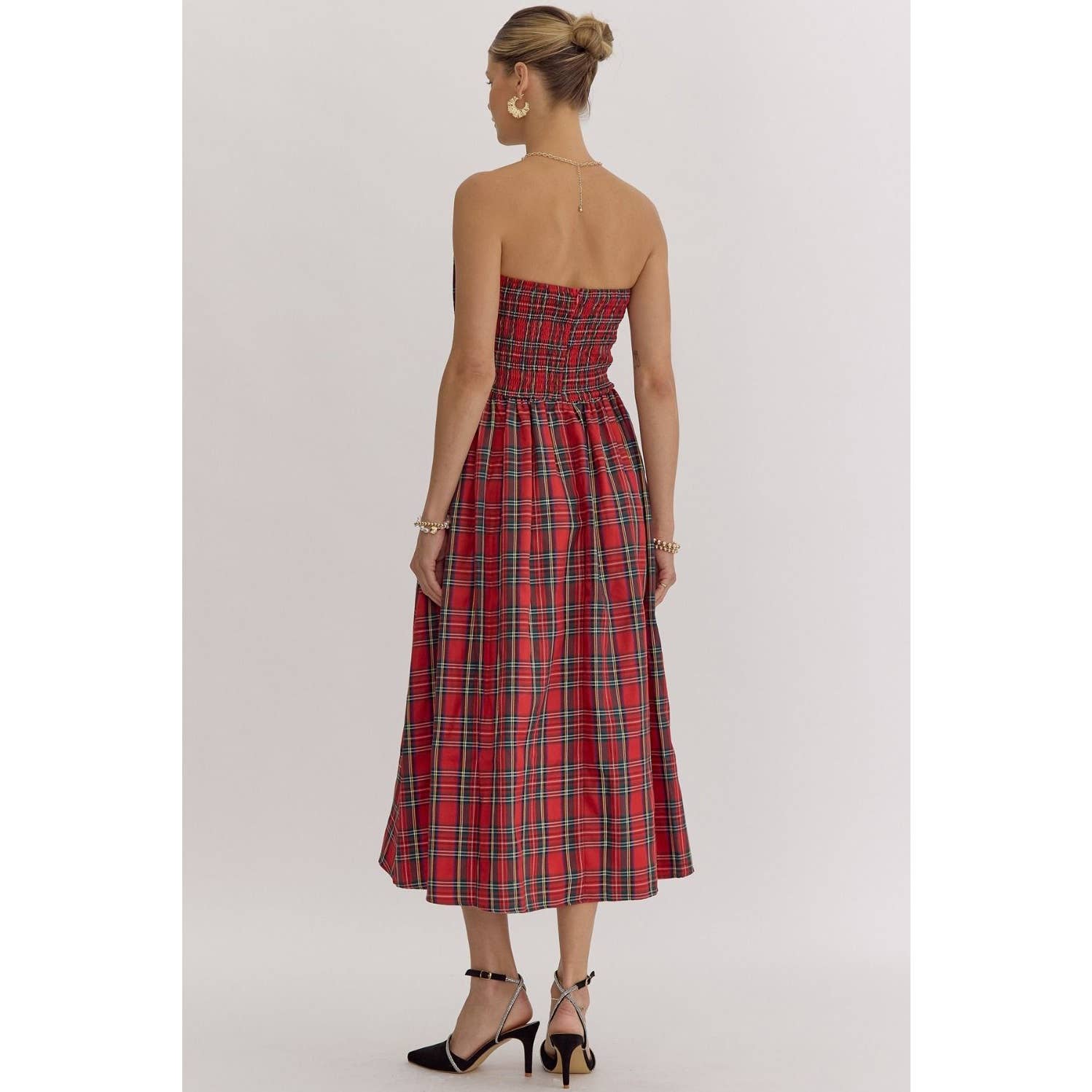 Plaid Strapless Midi Dress - BAY WINDOW