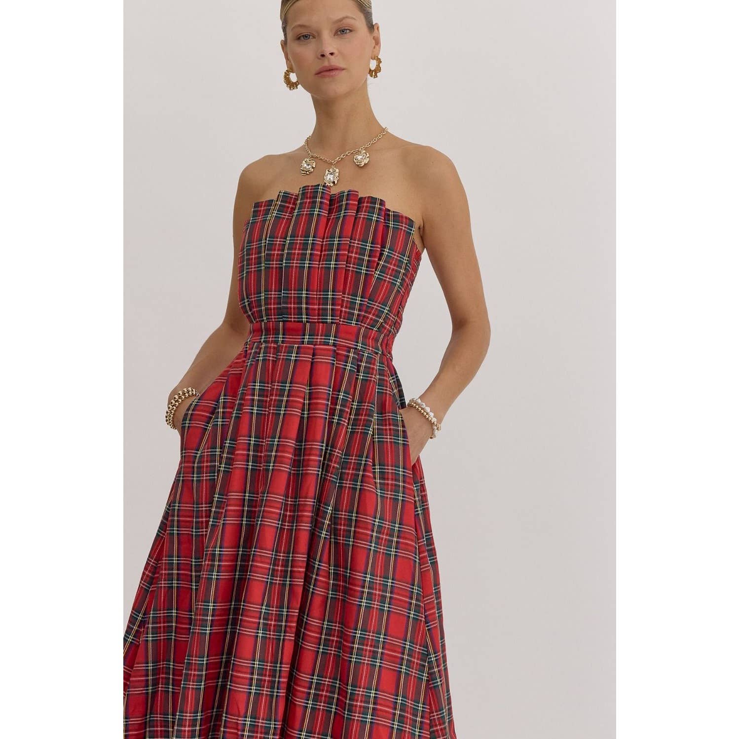 Plaid Strapless Midi Dress - BAY WINDOW